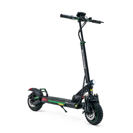 M1+ electric scooter showing its front and rear spring suspension