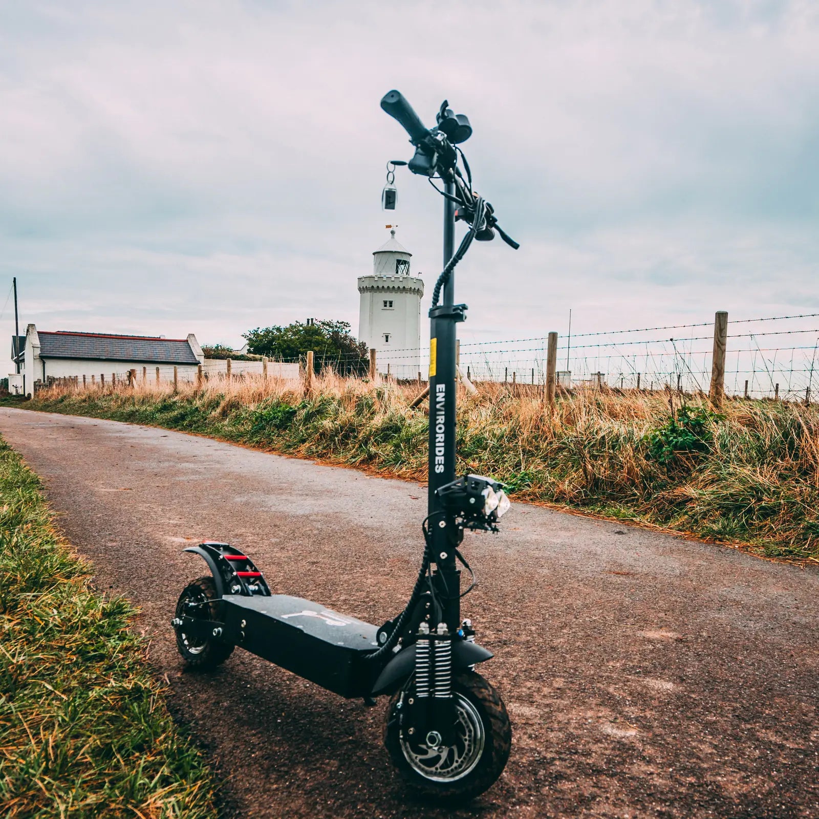 Electric scooter on a private path near the coast
