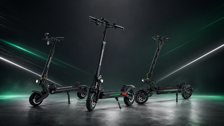 City Pro, M1+ and Z1+ Pro electric scooters in a dark green studio setting